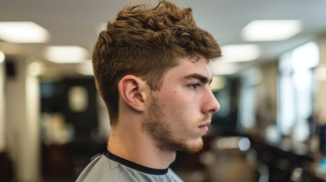 young handsome caucasian man at hair salon or barbershop, hair style new cut