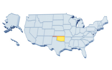 State of Oklahoma highlighted in golden yellow on three-dimensional map of the United States isolated on transparent background. 3D rendering