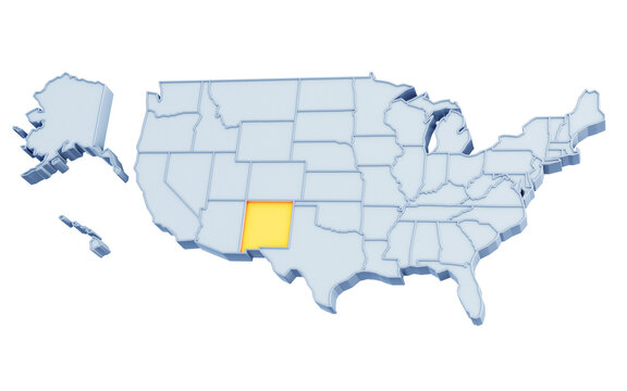 recommend clip art: State of New Mexico highlighted in golden yellow on three-dimensional map of the United States isolated on transparent background. 3D rendering