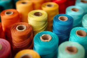 Vibrant Closeup of Sewing Thread Spools Perfect for Textile Industry or Fashion. Concept Fashion Photography, Textile Industry, Closeup Shots, Vibrant Colors, Sewing Thread Spools