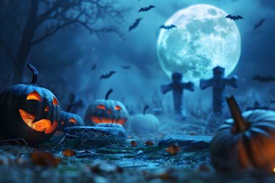 Spooky scene carved pumpkins in graveyard under full moon with bats. Concept Halloween Photoshoot, Pumpkin Carvings, Graveyard Setting, Full Moon, Bat Sculptures