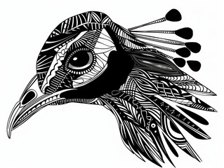 A Black and White Geometric Pattern of a Peacock Head on a White Background