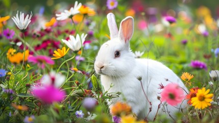 Fluffy bunny sitting in a field of flowers  AI generated illustration