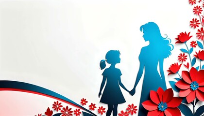 Mother's Day banner with copy space for text, mother and daughter with beautiful flowers in paper cut style on an abstract background for holidays