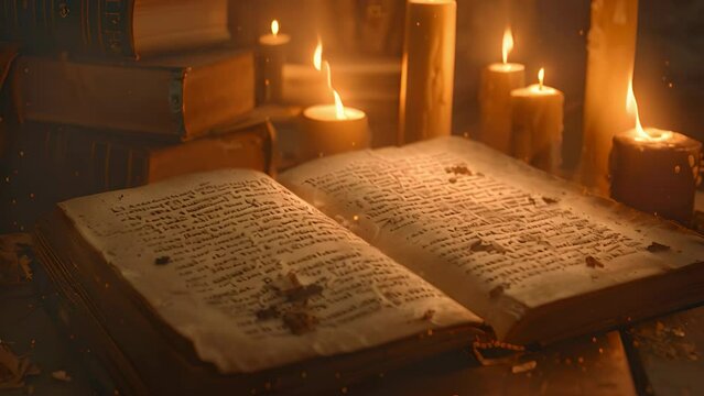 An open ancient book on a table with feather bookmarks, surrounded by candles. The concept of lost knowledge and ancient mysteries.