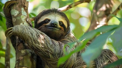 Naklejka premium Furry sloth lounging in a tree AI generated illustration