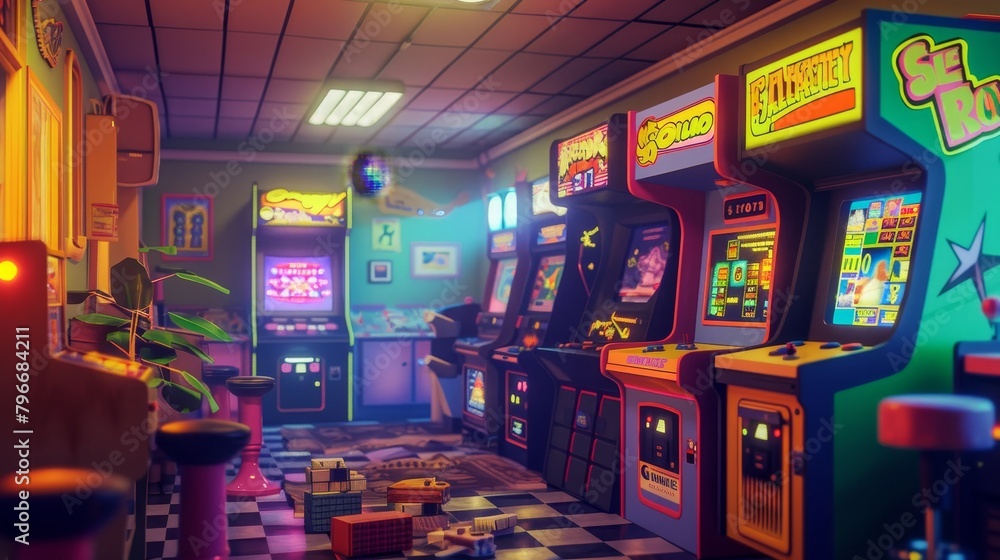 Poster generate a cute 3d render of a retro arcade game scene ai generated illustration
