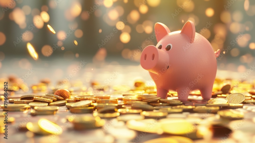 Poster generate a playful 3d render of a cute piggy bank overflowing with coins ai generated illustration