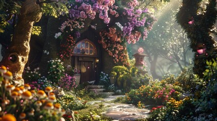 Generate a cute 3D render of an enchanted garden  AI generated illustration