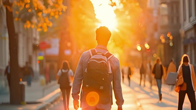 A man walks down a city street against the backdrop of a brightening sun. The concept of a new beginning and opportunities.