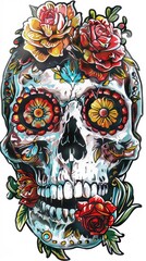 A drawing of a skull with roses on it