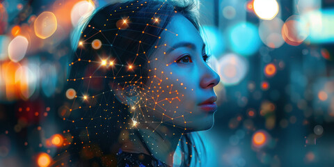 Mysterious Woman with Glowing Dots on Face Standing in Front of Cityscape with Illuminated Lights