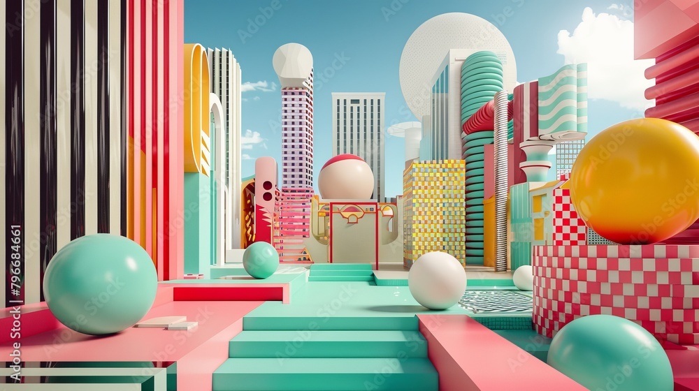 Poster geometric shapes and patterns in a 3d retro city ai generated illustration