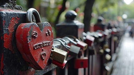 A Heart-Shaped Lock Attached to a Bridge Railing: Symbolizing Enduring Love and Commitment in a...