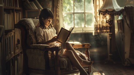 A woman sitting in a chair reading a book