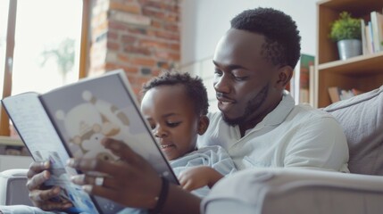 A man reading a book to a child on a couch