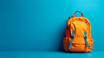 A full school backpack with books and supplies inside isolated on a blue background with copy space for a Back to School concept.
