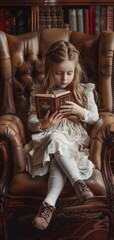 A little girl sitting in a chair reading a book