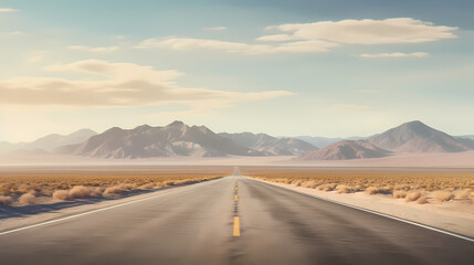 Highway in the desert, mountains on the horizon