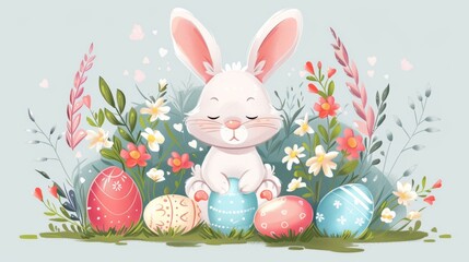A bunny sitting in the grass with easter eggs