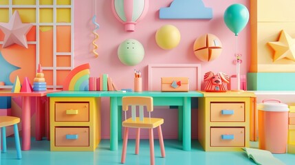 Geometric shapes and vibrant hues in a 3D representation of a cute school scene  AI generated illustration