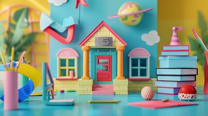 Fototapeta premium Geometric shapes and vibrant hues in a 3D representation of a cute school scene AI generated illustration