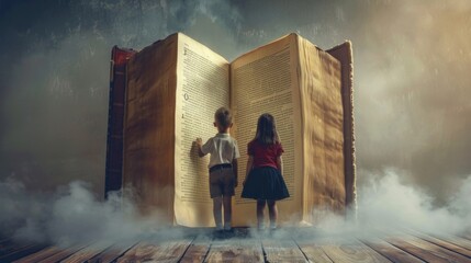 Two children standing in front of an open book