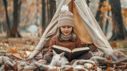 A little girl reading a book in a tent