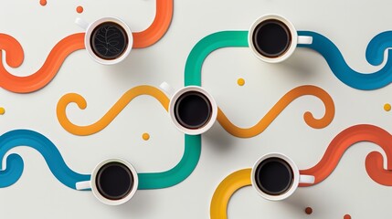 Geometric shapes intertwined with coffee cups in a cute and colorful design  AI generated illustration