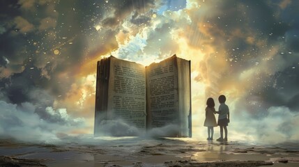 Two people standing in front of an open book