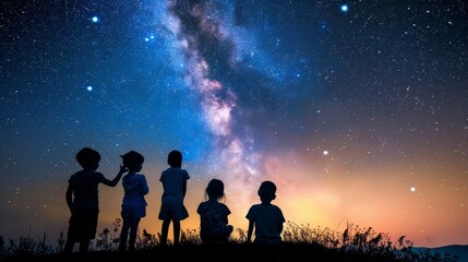 Fototapeta na wymiar Innocent children admiring a sky full of stars AI generated illustration