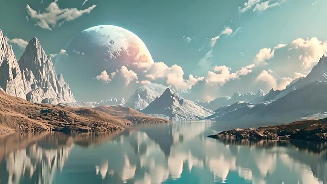 Breathtaking landscape with tall mountains, a lake, and a giant planet in the sky. The concept of science fiction and exploration.