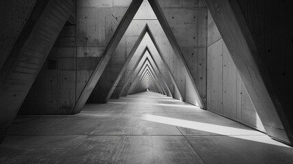 black and white image of triangles in hallway, in the style of concrete, symmetrical figures - Powered by Adobe