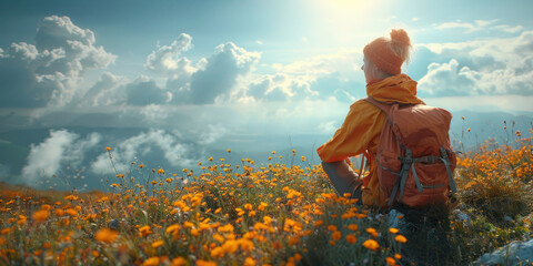 A person enjoying a peaceful moment surrounded by wildflowers on top of a hill overlooking a beautiful landscape