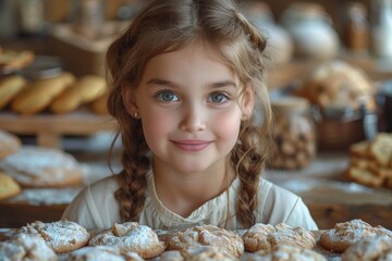 A cute, smiling young girl surrounded by freshly baked goods in a cozy bakery setting