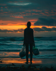 An anonymous figure on a beach holds a plastic bag filled with discarded items, symbolizing hope and action in ocean conservation