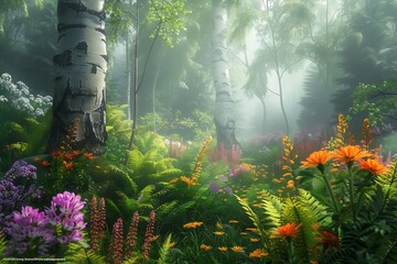 A misty forest glade, where ancient trees stand sentinel amidst a carpet of vibrant ferns and...