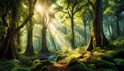 Obraz premium Majestic forest scene, realistic style, lush greenery, sunlight filtering through trees