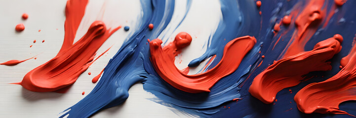 Red, blue oil paint, abstract texture on a white background. 3:1 texture banner and background...