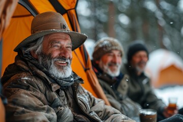 Fototapeta premium A winter camping adventure featuring two friends enjoying warmth & comfort in harsh weather, with faces blurred for privacy