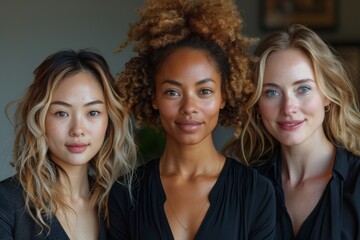 Obraz premium Portrait of three diverse women showcasing different ethnicities and shared beauty in a close setting