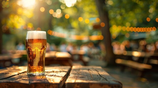 Defocused Beer Garden at Oktoberfest Take a break from the crowded festivities and relax in a defocused background of vibrant greens and cheerful chatter. .