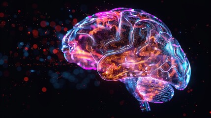 3D holographic brain with various colors and an intriguing image, creating a captivating and dynamic visual representation