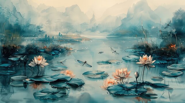 Dragonfly Pond: A tranquil pond teeming with dragonflies and lily pads, painted in delicate watercolor hues.