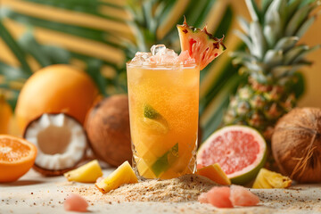 fruit cocktail in exotic setting on the beach. 