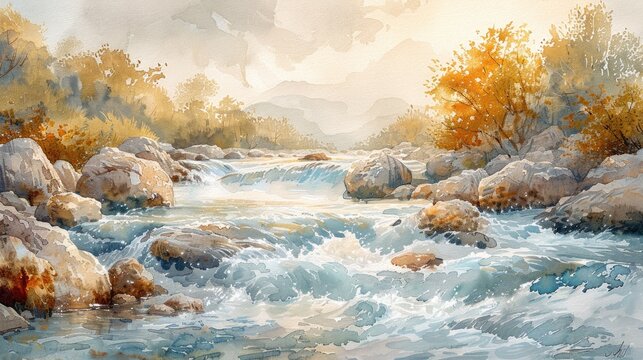 Gentle River Rapids: Gentle river rapids flowing through a rocky gorge, painted with dynamic watercolor brushstrokes.