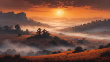 Shadowy Sunset Shroud, Landscape with Fog in Burnt Sienna Shades, Casting a Shadowy Veil Over a Sunset.