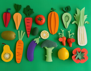 Colorful Paper Cut Fruits and Vegetables Arranged on Green Background for Healthy Eating Concept