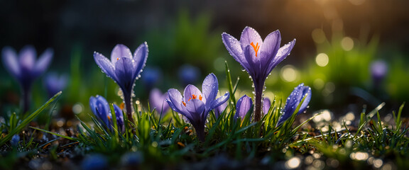 Close up of saffron flowers in a field with sunset lights. Generated AI