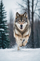 Grey Wolf (Canis lupus) Portrait running in the snow in winter . Generated AI - 796690264